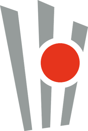 Logo des Messe und Congress Centrum Halle M&uuml;nsterland mit drei grauen vertikalen Streifen und einem roten Kreis in der Mitte.