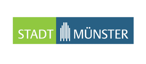 Logo der Stadt M&uuml;nster mit gr&uuml;nem und blauem Hintergrund, Schriftzug &bdquo;STADT M&Uuml;NSTER&ldquo; und stilisierten Geb&auml;uden.