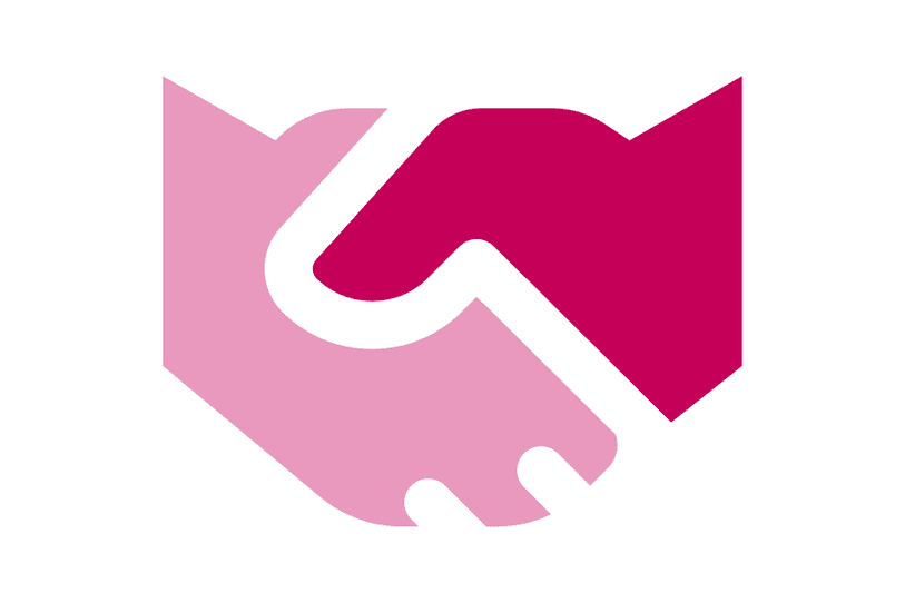 Zwei H&auml;nde in einem stilisierten Handschlag, in pink und lila.